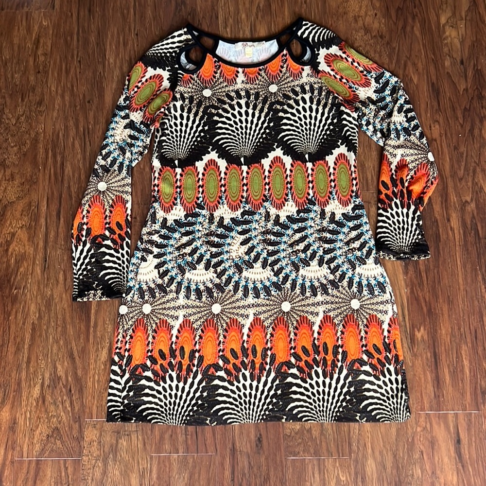 Funky Print Long Sleeve Tunic with Cut Outs in Collar